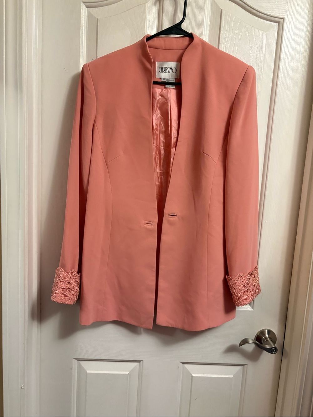 Coral Pink Open-Front Blazer with Lace Cuffs